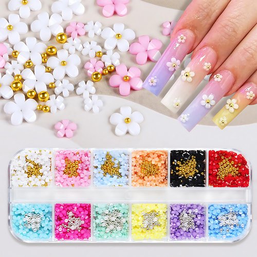 12 Grid 3D Flowers Nail Charms Acrylic Colorful Flowers Nail Art Rhinestones Gold and Silver Pearl Designs White Pink Floral Nail Art Supplies DIY Nail Art Accessories for Women Girls Nail Decorations