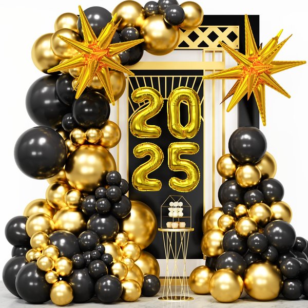 Vidavan 2025 Balloons Black and Gold Balloon Arch Kit 107pcs Black Gold Latex Balloons with Star for New Year Party Decoration 2025 Birthday Graduation