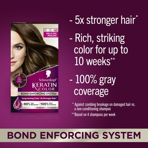 Schwarzkopf Keratin Color Permanent Hair Color, 6.0 Delicate Praline, 1 Application - Salon Inspired Permanent Hair Dye, for up to 80% Less Breakage vs Untreated Hair and up to 100% Gray Coverage