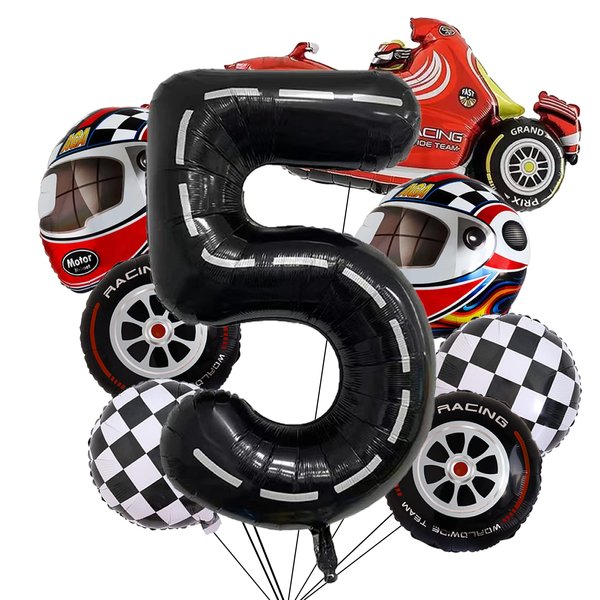 Stcomart 8 PCS Race Car Party Decorations, Black Number 5 Balloon Checkered Balloons Tire Balloons for Boys 5th Birthday