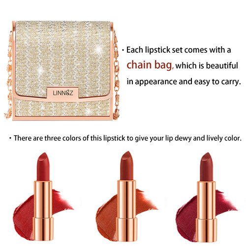 Gireatick Matte Lipstick Makeup Set for Women, 3pcs Long Lasting Velvet Lipstick in One Glamour Chain Bag, Non-Stick Cup Red Lipstick, Not Fade Waterproof Lipstick set, Lip Kit Gift Set