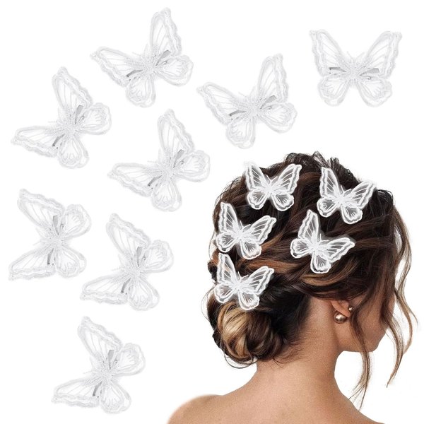 Paderison 8Pcs Butterfly Hair Clips for Teens Small Hair Clips Lace Hair Bows Embroidery Butterfly Hair Pins Wedding Hair Clips Hair Accessories for Women Y2K Fairy Hair Clips Barrettes(White)