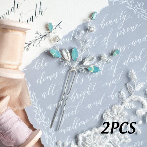 Kercisbeauty (Set of 2) Handmade Bridal Bridesmaids Flower Girl Opal Beads Crystal Hair Pins Headpiece for Wedding and Party (Silver and Opal)