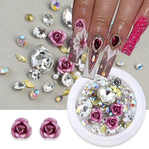 2 Boxes Flower Nail Charms 3D Rose Metal Aluminum Flower Nail Rhinestones Shiny Nail Gems Diamonds Pink Red Rose Nail Art Charms Pearl Nail Jewelry for Acrylic Nails DIY Valentines Nail Decoration