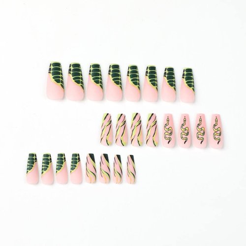 Foccna Green Long Fake Nails Tips Coffin Press on Snake Women's French False Glossy Daily Wear Artificail Nails for Gorgeous Nail Art Manicure Decoration
