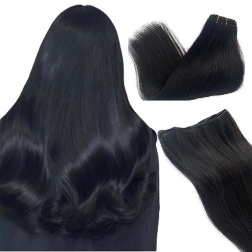 Smavida Black Sew in Hair Extensions Real Human Hair,Natural Black Human Hair Extensions Sew in Hair Bundles Full Head Double Weft Hair Straight 14 Inch 80g for Women
