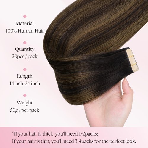 MAXITA Hair Extensions Tape in Hair Extensions Human Hair 18 inch 50g 20pcs Balayage Dark Brown to Chestnut Brown Real Human Hair Extensions Real Remy Seamless Straight Hair Extensions for Women