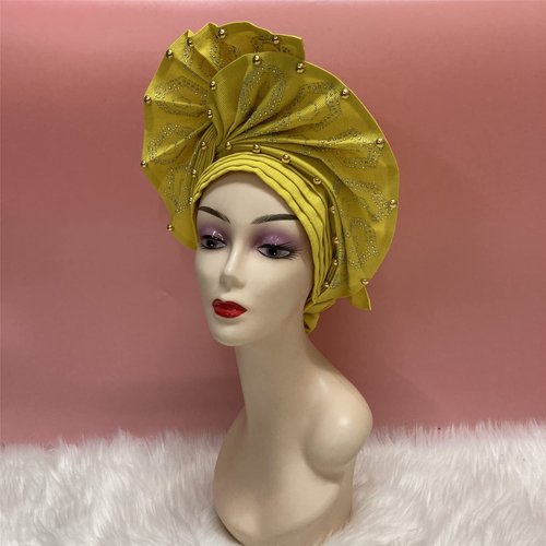 Nigerian Luxury Aso Oke Headtie, African Headtie Women Headbands Head Wrap Turban Cap Auto Gele Headties Femme Headscarf Headgear Sewing Fabric For Party (Yellow)