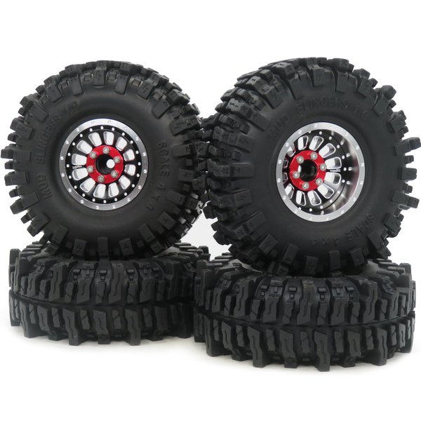 HOBBYSOUL RC Adjustable 4 Offsets 1.9 Beadlock wheels and tires, Height 4.72inch 1.9 Mud Slingers Tires and 1.9 Rims 12 Spokes For 1/10 Crawler TRX4 SCX10 Gen8,(4-Pack)