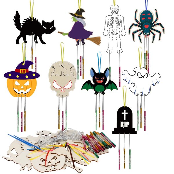 KATOOM 9 Pack Halloween Wind Chime Kit for Kids,Halloween Craft Kits Wooden Wind Chime Decorative Hanging Ornaments DIY Painting Craft for Boys Girls Family Activities Halloween Party Supplies