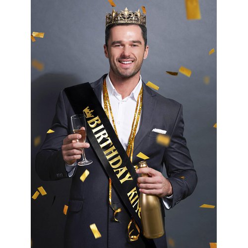 SWEETV Birthday King Crown and Sash, Royal Gold King Crown for Men Party Decoration Prom Birthday Gifts for Men King Pageant Crown, Gold