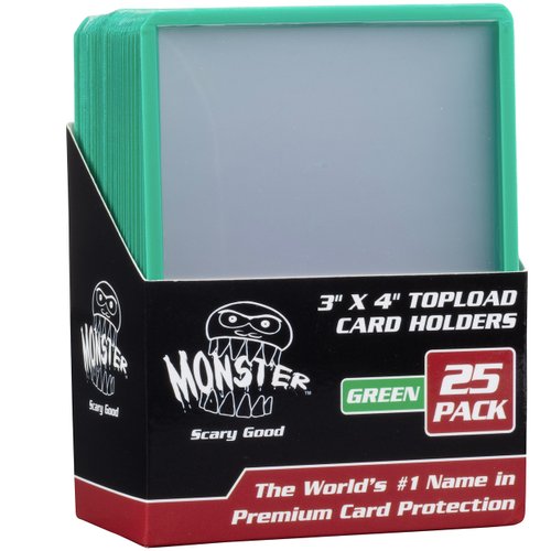 Monster Top Loaders for Collectible Trading Cards- 25 Count 3"x4" Clear Hard Plastic Protector (Green Border)- Easily Sort Your TCG Cards by Color- Compatible with MTG Magic Gathering, Yugioh, Sports