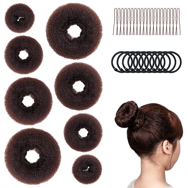 Amrules Hair Bun Maker Set, 8 Pieces Donut Hair Bun Maker with 10 Pieces Black Rubber Bands and 20 Pieces Bun Bobby Pins for Ladies, Brown