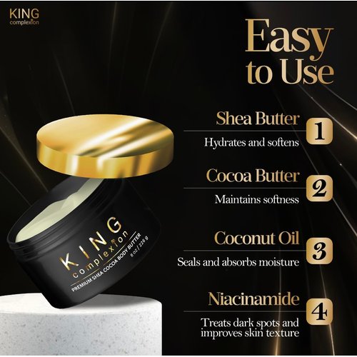 KING Complexion Shea Cocoa Premium Body Butter, Specially Formulated For Melanin Rich Skin, Deep Moisturizing Light Cocoa Scent, Ultra Hydration, No Added Fragrances, Not Too Greasy