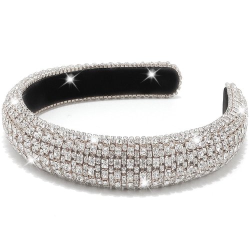 AHONEY Rhinestone Headband for Women Girls, Hair Bling Crystal Glitter Sparkly Diamond Padded Headband Fancy Jeweled Headpiece Holiday Hair Accessories Birthday Gifts (Silver)