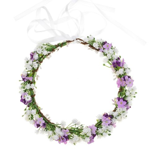 Floral Fall Artificial Baby Breath Flower Halo Wedding Crown Pink Bridal Headpiece Greenery Crown HC-24 (White purple flower)