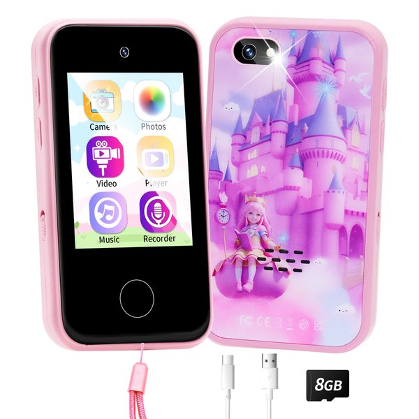 Kids Smart Phone for Age 3 4 5 6 7 8 Years Old Girl& Boy Xmas Birthday Gift, Toddler Play& Educational Toy Phone with Camera, MP3 Music Player, Alarm, Puzzle Game, Touchscreen, Flashlight,8GB SD Card