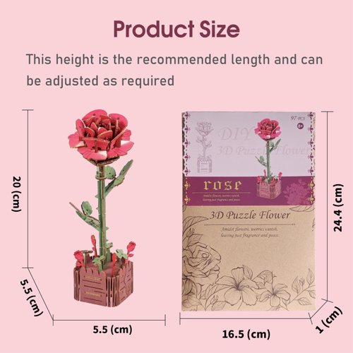 Stay Fun 3D Wooden Puzzle Flower, Artificial Wildflower Building Set for Adult, Model Botanical Collection Gift for Valentine's Day/Mother's Day/Birthday/Christmas, DIY Flower Toy Set (Rose)