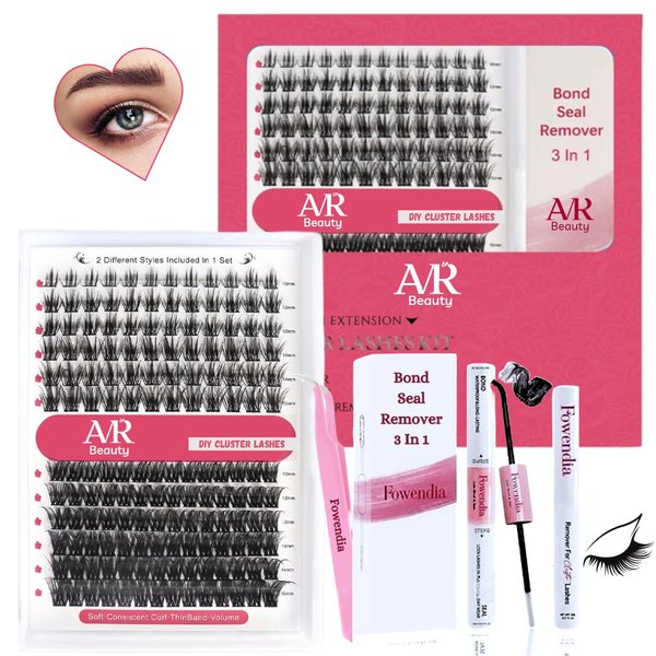 AR Beauty DIY Eyelashes Extension Kit 144-Pcs Lash Clusters D Curl with Mixed Individual Lashes, Lash Bond and Seal Glue, Tweezer, Lash Remover & easy to Apply at Home (30D+40D-0.07D-10-16MIX KIT).