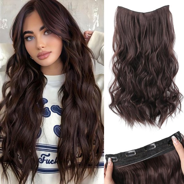 Gx Beauty Invisible Wire Clip in Hair Extensions 20 Inch Long Wavy Secret Transparent Wire Adjustable Size 4 Secure Clips in Hairpiece for Women Dark Brown