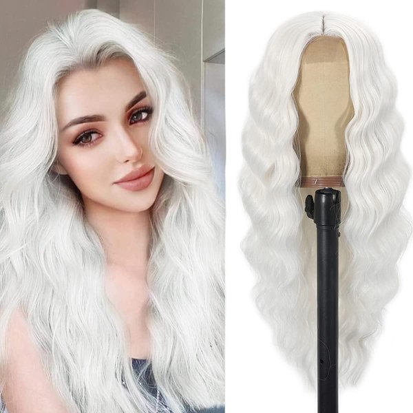 Daiaces Long Curly White Lace Front Wigs for Women Middle Part Wavy Wig Natural Looking Hair Replacement Wig for Daily Party Use Cosplay Costume Halloween