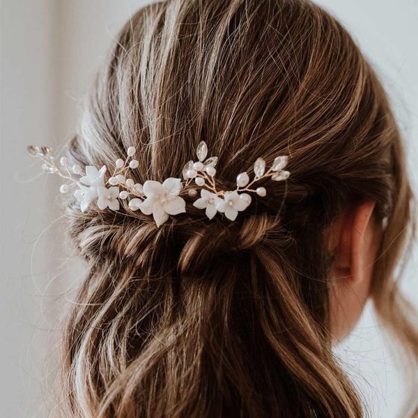 Cubahop Wedding Hair Clips with Wedding Flowers Crystal Wedding Hair Clips Pearl Floral Headpiece for Women and Girls Pack of 3 (Gold)