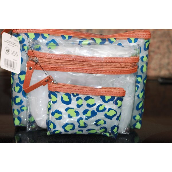 Green and Blue Leopard Clear PVC 3 Piece Cosmetic Toiletry Bags