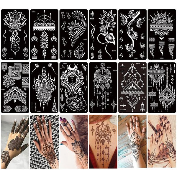 XMASIR 12 Sheets Henna Tattoo Stencils, Glitter Airbrush Hand Temporary Tattoo Stickers Indian Arabian Self Adhesive Tattoo Templates (S5-12P)
