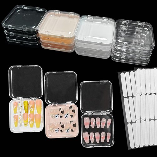12 Pcs Press on Nail Storage Box with 60 Pcs Adhesive Double Sided Tape Acrylic Fake Nail Display Box Artificial False Nail Box Organizer Nail Case Nail Packaging Box for Nail Art Home Salon Use