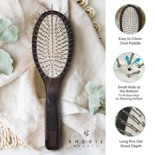 Hand Made Long Pin Oval Hair Brush - No Pulling, Detangles, Stimulates Scalp, No Split Ends, Thick to Normal Hair