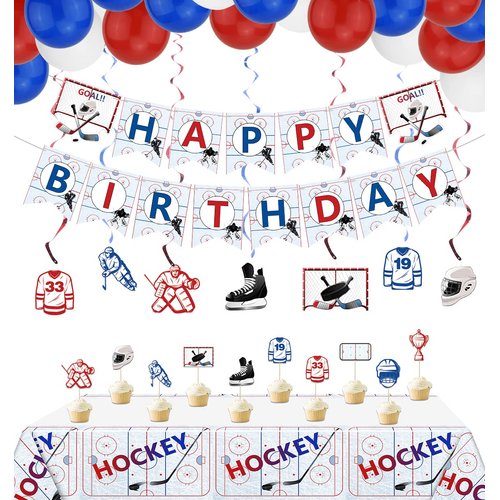 Hockey Birthday Party Supplies, Ice Hockey Themed HAPPY BIRTHDAY Banner, 7 Hanging Swirls, 1 Table Cloth, 10 Cake Toppers, 30 Balloons for Kids, Hockey Fans Birthday Party Decorations (Banner)