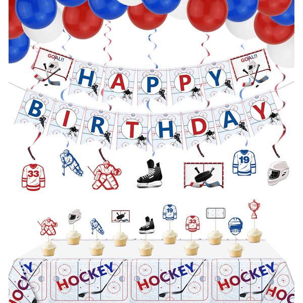 Hockey Birthday Party Supplies, Ice Hockey Themed HAPPY BIRTHDAY Banner, 7 Hanging Swirls, 1 Table Cloth, 10 Cake Toppers, 30 Balloons for Kids, Hockey Fans Birthday Party Decorations (Banner)