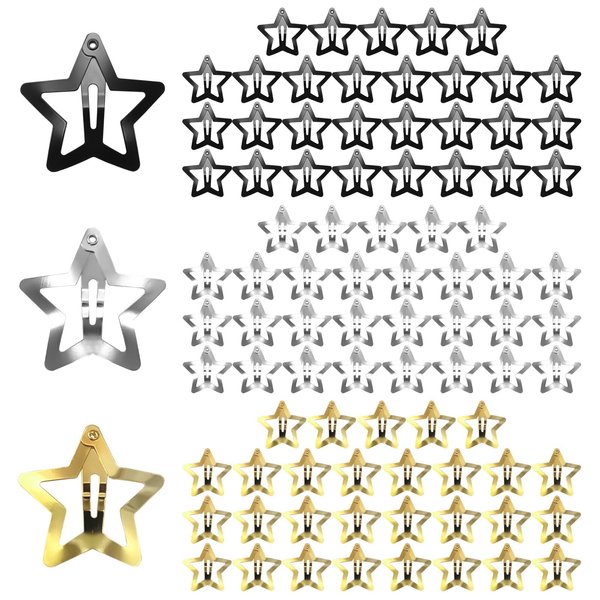 Sekonow 90Pcs 1.18in Star Hair Clips, Star Clips 2000s Star Hair Accessories Non-Slip Metal Snap Hair Clips Cute Hair Barrettes Kawaii Hairclips for Women, Silver+Gold+Black