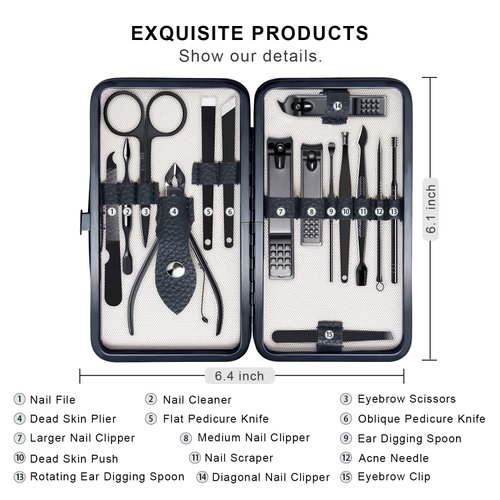 FIXBODY Manicure Pedicure Set - Nail Clippers Toenail Clippers Kit Includes Cuticle Remover with Black Leather Travel Case, Gift for Men and Women, Birthday Gifts for him