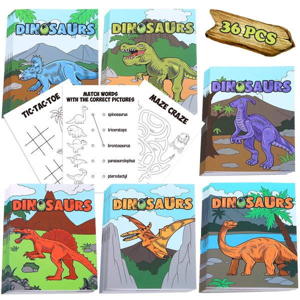 36 Pcs Dinosaur Mini Activity Books for Kids DIY Game Books Set with Pterosaur Dragon Egg Tyrannosaurus Patterns Mini Coloring Book Party Favors Goodie Bags Stuffers Classroom Back to School Supplies