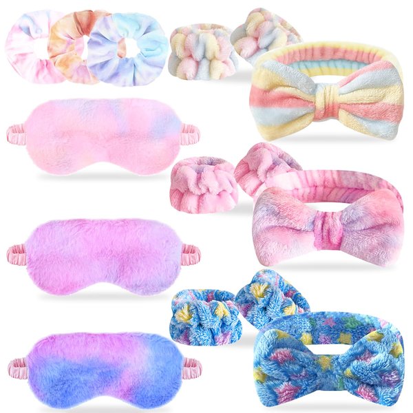 15 Pcs Sleepover Party Favors for Teenager Girl, Spa Headband Wrist Towels for Washing Face, Plush Bow Makeup Headbands Wristband Sleep Eye Mask Tie Dye Scrunchies for Single Women Spa Pajama Party