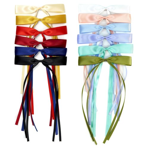 SINNKY 12 PCS Hair Bows for Women, Hair Ribbon with Long Tail Riboon Hair Clips for Women Girls, Hair Barrettes with Bow Accessorie Clips