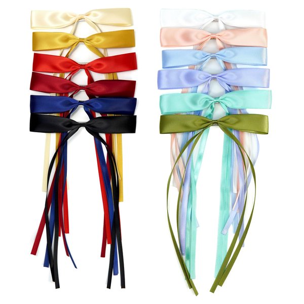 SINNKY 12 PCS Hair Bows for Women, Hair Ribbon with Long Tail Riboon Hair Clips for Women Girls, Hair Barrettes with Bow Accessorie Clips