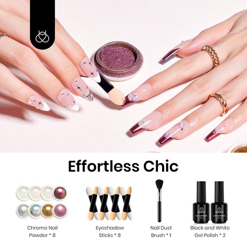 Beetles Chrome Nail Powder Kit Black White Colors Gel Polish Mirror Effect Holographic Aurora Iridescent Pearlescent Manicure Art Decoration Glitter Nail Powder 8 Colors 1g or 0.5g/Jar