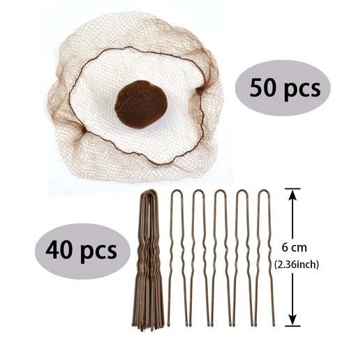 YTBYT 50 Pcs Hair Nets Bun Invisible Elastic Mesh Nets with 40 pcs Hair Bun Pins for Women Hair Styles (Brown)