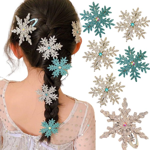 6PCS Princess Snowflake Hair Clip Blue White Christmas Hair Accessories for Women Girls,Xmas Bow Hair Clip Glitter Snowflake Barrettes Holiday Snowflake Hairpins Christmas Party Gifts Hair Pins