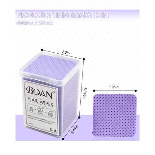 600 PCS Lint Free Nail Wipes, BQAN Nail Polish Remover Pads Pink For lash extensions & Nail Polish Bottle With 5PCS Nail Soak Off Clips (Purple)