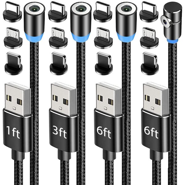 Terasako Magnetic Charging Cable 4-Pack [1ft/3ft/6ft/6ft], 360° Rotating Magnetic Phone Charger Cable with LED Light, 90° Angle Connector, Nylon-Braided Cords