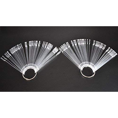2 Sets 100 Tips Fan Shape Transparent Plastic Nail Art Tips Display Polish Board Display Practice Sticks with Metal Split Ring Holder