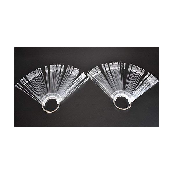 2 Sets 100 Tips Fan Shape Transparent Plastic Nail Art Tips Display Polish Board Display Practice Sticks with Metal Split Ring Holder