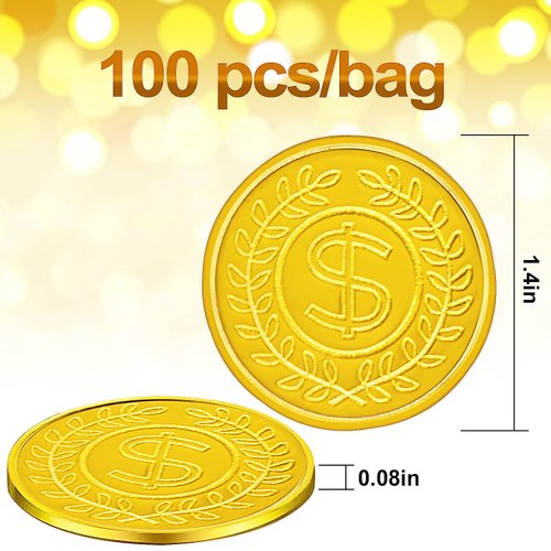 100 Count Plastic Gold Coins Set, Pirate Treasure Gold Play Coins for Kids Party Theme Props Decorations, Lucky Draw Games Treasure Hunt
