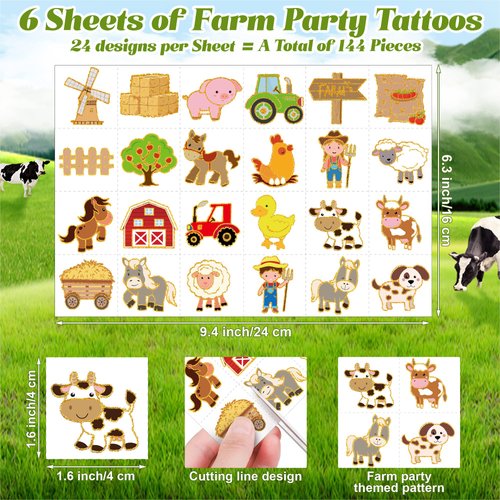 ADXCO 144 Pieces Farm Party Tattoos Gold Glitter Farm Barnyard Tattoos Farm Animal Temporary Tattoos for Kids Farm Birthday Decorations Party Favors Supplies, 24 Designs