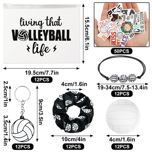 JarThenaAMCS 110Pcs Volleyball Party Favors Set Volleyball Keychain Stress Ball Hair Scrunchies Bracelet Waterproof Cosmetic Bags Stickers for Sports Party Supplies School Rewards