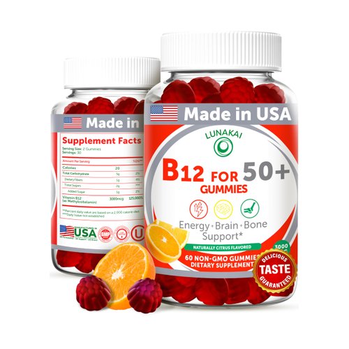 Lunakai USA Made Vitamin B12 Gummies for Adults 50+, Non-GMO B12 for Energy & Vitality Boost, Delicious Orange Flavor, 60ct