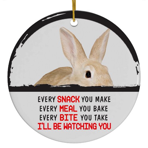 Funny Peeking Every Snack You Make Cream Rabbit Christmas Ornament - White Circle Ceramic Decoration - Keepsake Gifts for Rabbit Lovers